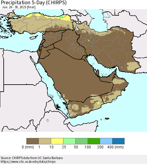 Middle East and Turkey Precipitation 5-Day (CHIRPS) Thematic Map For 6/26/2023 - 6/30/2023