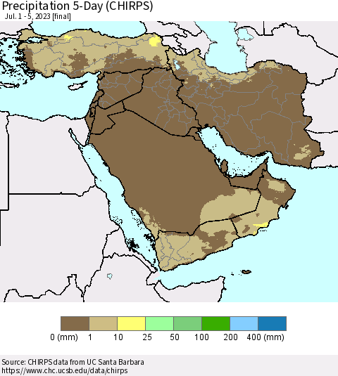 Middle East and Turkey Precipitation 5-Day (CHIRPS) Thematic Map For 7/1/2023 - 7/5/2023
