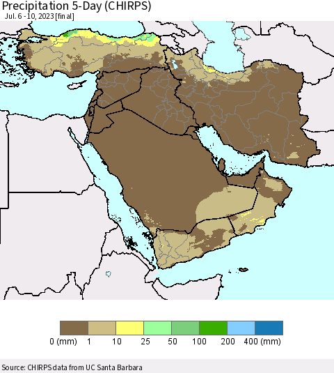Middle East and Turkey Precipitation 5-Day (CHIRPS) Thematic Map For 7/6/2023 - 7/10/2023
