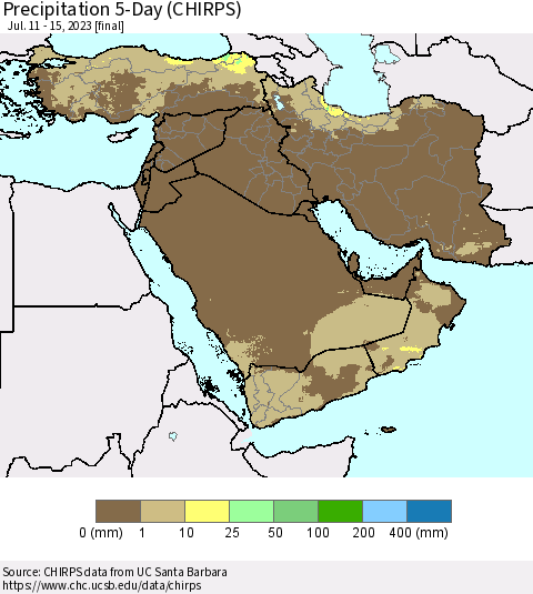 Middle East and Turkey Precipitation 5-Day (CHIRPS) Thematic Map For 7/11/2023 - 7/15/2023