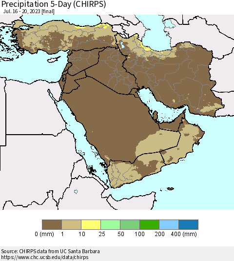 Middle East and Turkey Precipitation 5-Day (CHIRPS) Thematic Map For 7/16/2023 - 7/20/2023