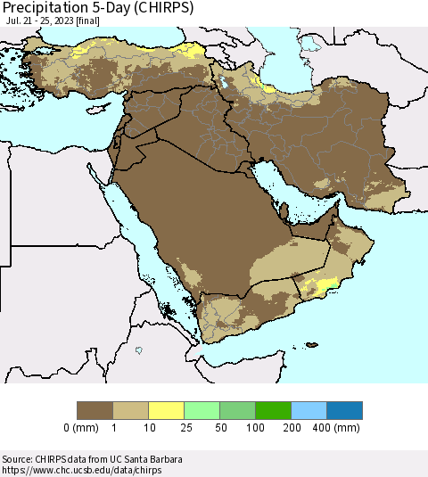 Middle East and Turkey Precipitation 5-Day (CHIRPS) Thematic Map For 7/21/2023 - 7/25/2023