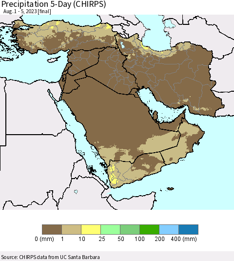 Middle East and Turkey Precipitation 5-Day (CHIRPS) Thematic Map For 8/1/2023 - 8/5/2023