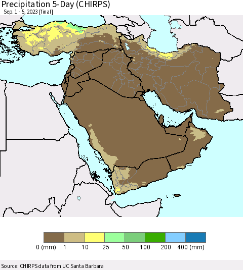 Middle East and Turkey Precipitation 5-Day (CHIRPS) Thematic Map For 9/1/2023 - 9/5/2023