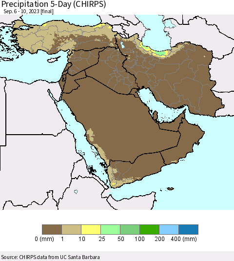 Middle East and Turkey Precipitation 5-Day (CHIRPS) Thematic Map For 9/6/2023 - 9/10/2023