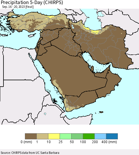 Middle East and Turkey Precipitation 5-Day (CHIRPS) Thematic Map For 9/16/2023 - 9/20/2023