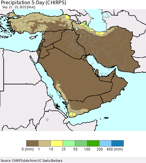 Middle East and Turkey Precipitation 5-Day (CHIRPS) Thematic Map For 9/21/2023 - 9/25/2023