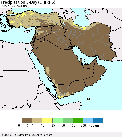 Middle East and Turkey Precipitation 5-Day (CHIRPS) Thematic Map For 9/26/2023 - 9/30/2023