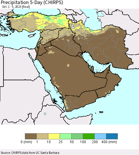 Middle East and Turkey Precipitation 5-Day (CHIRPS) Thematic Map For 10/1/2023 - 10/5/2023