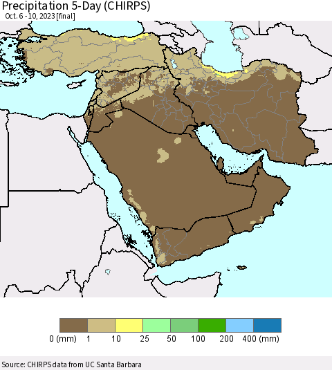 Middle East and Turkey Precipitation 5-Day (CHIRPS) Thematic Map For 10/6/2023 - 10/10/2023