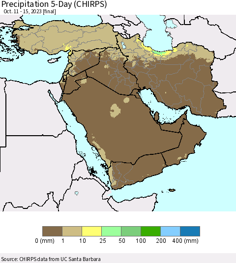 Middle East and Turkey Precipitation 5-Day (CHIRPS) Thematic Map For 10/11/2023 - 10/15/2023