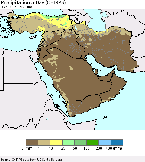 Middle East and Turkey Precipitation 5-Day (CHIRPS) Thematic Map For 10/16/2023 - 10/20/2023