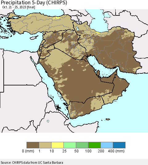 Middle East and Turkey Precipitation 5-Day (CHIRPS) Thematic Map For 10/21/2023 - 10/25/2023