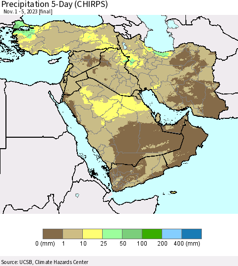 Middle East and Turkey Precipitation 5-Day (CHIRPS) Thematic Map For 11/1/2023 - 11/5/2023