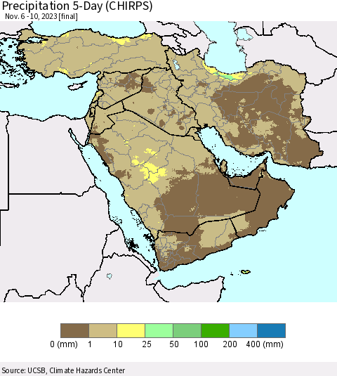 Middle East and Turkey Precipitation 5-Day (CHIRPS) Thematic Map For 11/6/2023 - 11/10/2023