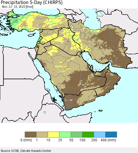 Middle East and Turkey Precipitation 5-Day (CHIRPS) Thematic Map For 11/11/2023 - 11/15/2023
