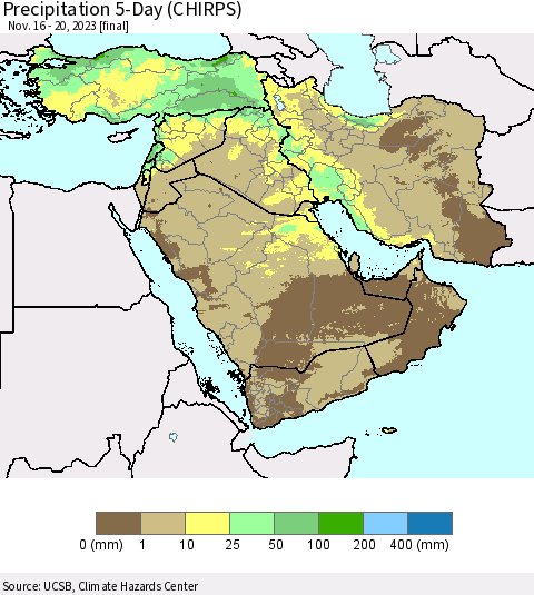 Middle East and Turkey Precipitation 5-Day (CHIRPS) Thematic Map For 11/16/2023 - 11/20/2023