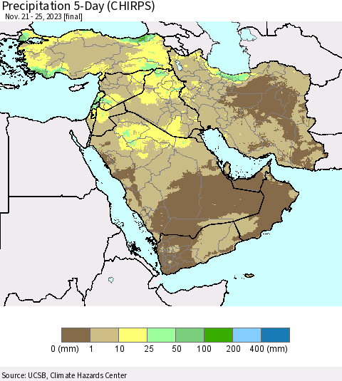 Middle East and Turkey Precipitation 5-Day (CHIRPS) Thematic Map For 11/21/2023 - 11/25/2023