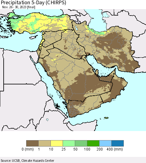 Middle East and Turkey Precipitation 5-Day (CHIRPS) Thematic Map For 11/26/2023 - 11/30/2023