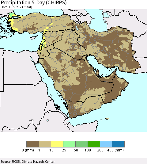 Middle East and Turkey Precipitation 5-Day (CHIRPS) Thematic Map For 12/1/2023 - 12/5/2023