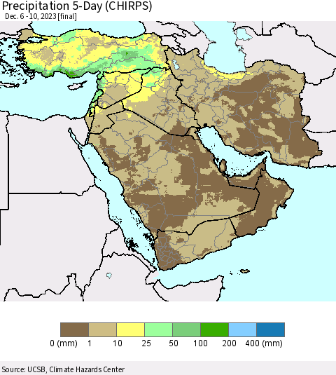 Middle East and Turkey Precipitation 5-Day (CHIRPS) Thematic Map For 12/6/2023 - 12/10/2023
