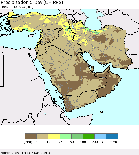 Middle East and Turkey Precipitation 5-Day (CHIRPS) Thematic Map For 12/11/2023 - 12/15/2023