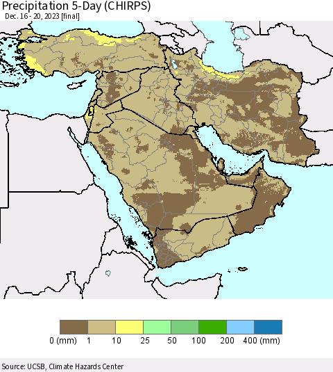 Middle East and Turkey Precipitation 5-Day (CHIRPS) Thematic Map For 12/16/2023 - 12/20/2023