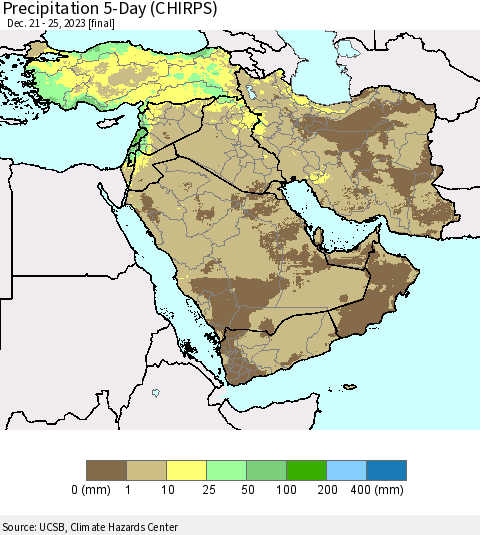 Middle East and Turkey Precipitation 5-Day (CHIRPS) Thematic Map For 12/21/2023 - 12/25/2023
