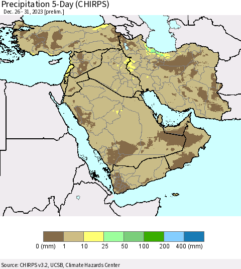 Middle East and Turkey Precipitation 5-Day (CHIRPS) Thematic Map For 12/26/2023 - 12/31/2023