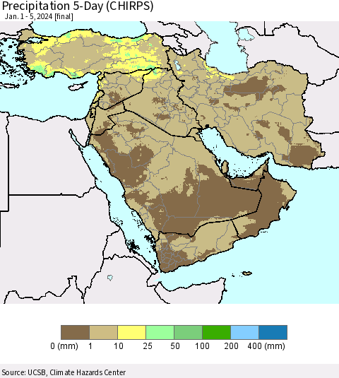 Middle East and Turkey Precipitation 5-Day (CHIRPS) Thematic Map For 1/1/2024 - 1/5/2024