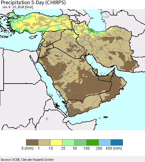 Middle East and Turkey Precipitation 5-Day (CHIRPS) Thematic Map For 1/6/2024 - 1/10/2024
