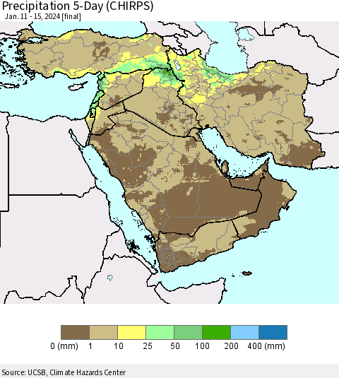 Middle East and Turkey Precipitation 5-Day (CHIRPS) Thematic Map For 1/11/2024 - 1/15/2024