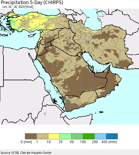 Middle East and Turkey Precipitation 5-Day (CHIRPS) Thematic Map For 1/16/2024 - 1/20/2024