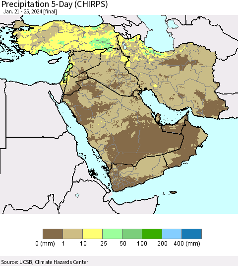 Middle East and Turkey Precipitation 5-Day (CHIRPS) Thematic Map For 1/21/2024 - 1/25/2024