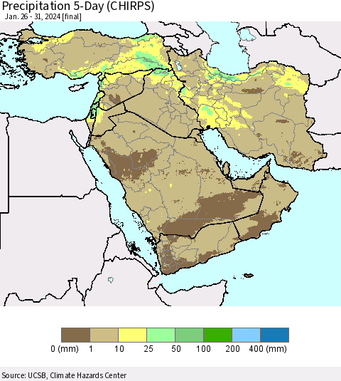 Middle East and Turkey Precipitation 5-Day (CHIRPS) Thematic Map For 1/26/2024 - 1/31/2024