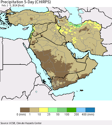 Middle East and Turkey Precipitation 5-Day (CHIRPS) Thematic Map For 2/1/2024 - 2/5/2024