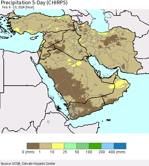 Middle East and Turkey Precipitation 5-Day (CHIRPS) Thematic Map For 2/6/2024 - 2/10/2024