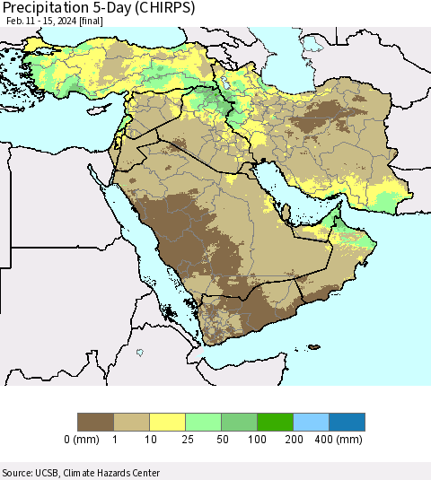 Middle East and Turkey Precipitation 5-Day (CHIRPS) Thematic Map For 2/11/2024 - 2/15/2024