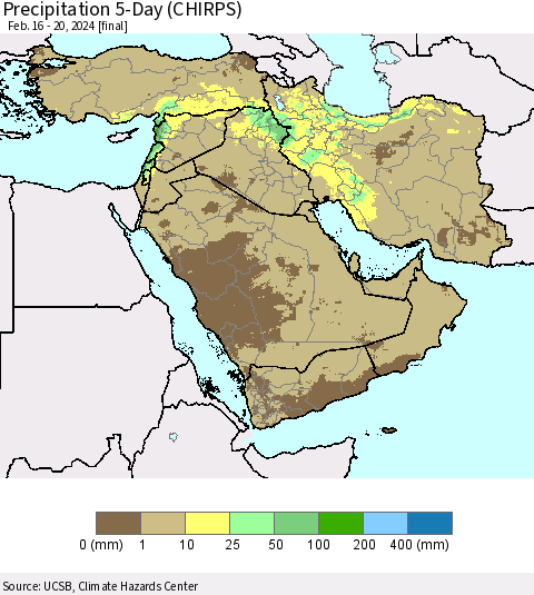 Middle East and Turkey Precipitation 5-Day (CHIRPS) Thematic Map For 2/16/2024 - 2/20/2024