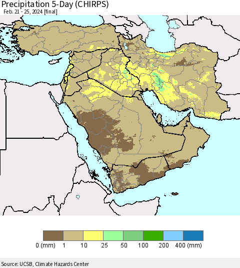 Middle East and Turkey Precipitation 5-Day (CHIRPS) Thematic Map For 2/21/2024 - 2/25/2024