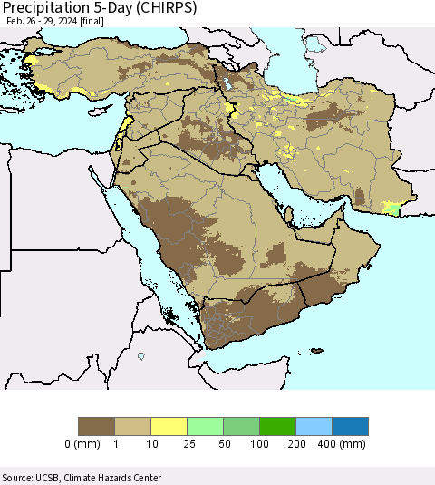 Middle East and Turkey Precipitation 5-Day (CHIRPS) Thematic Map For 2/26/2024 - 2/29/2024