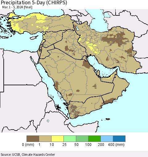 Middle East and Turkey Precipitation 5-Day (CHIRPS) Thematic Map For 3/1/2024 - 3/5/2024