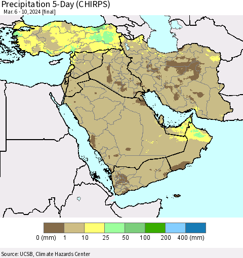 Middle East and Turkey Precipitation 5-Day (CHIRPS) Thematic Map For 3/6/2024 - 3/10/2024