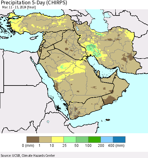 Middle East and Turkey Precipitation 5-Day (CHIRPS) Thematic Map For 3/11/2024 - 3/15/2024