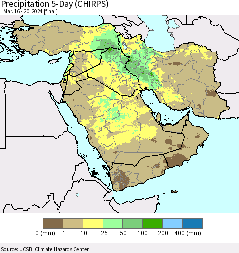 Middle East and Turkey Precipitation 5-Day (CHIRPS) Thematic Map For 3/16/2024 - 3/20/2024