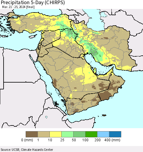 Middle East and Turkey Precipitation 5-Day (CHIRPS) Thematic Map For 3/21/2024 - 3/25/2024