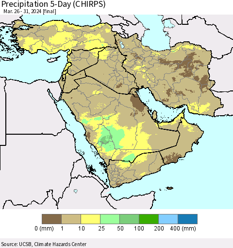 Middle East and Turkey Precipitation 5-Day (CHIRPS) Thematic Map For 3/26/2024 - 3/31/2024