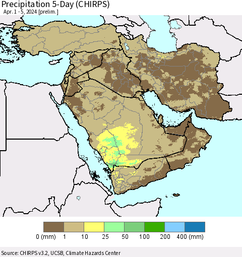 Middle East and Turkey Precipitation 5-Day (CHIRPS) Thematic Map For 4/1/2024 - 4/5/2024