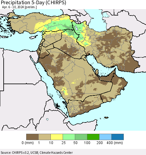 Middle East and Turkey Precipitation 5-Day (CHIRPS) Thematic Map For 4/6/2024 - 4/10/2024