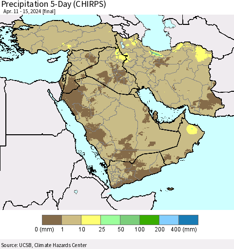 Middle East and Turkey Precipitation 5-Day (CHIRPS) Thematic Map For 4/11/2024 - 4/15/2024